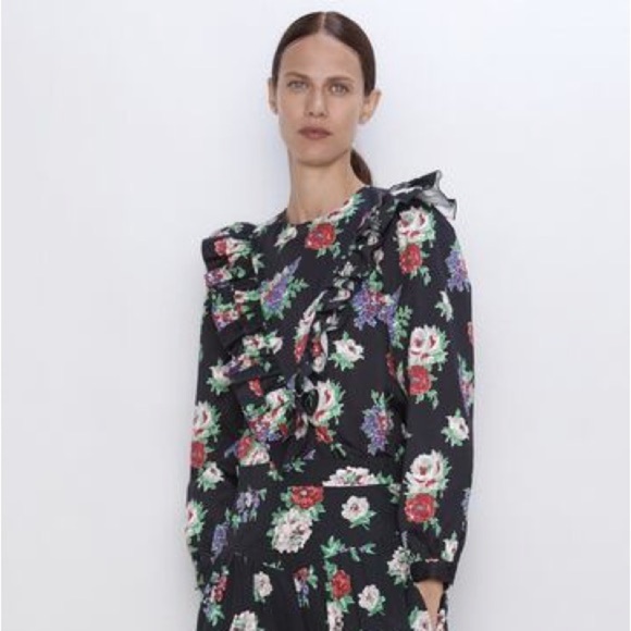 ZARA FLORAL PRINT BLOUSE WITH RUFFLE SIZE M - Picture 1 of 2